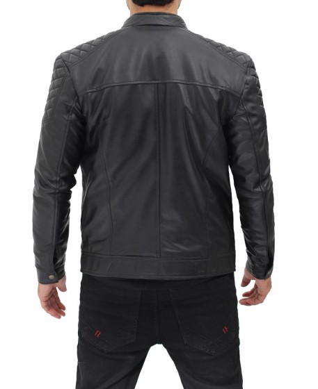 Quilted Black Leather Cafe Racer Jacket for Men