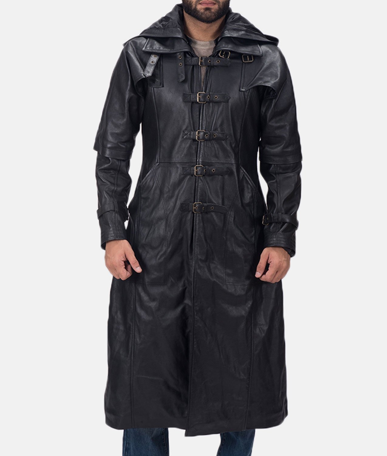 hooded leather trench coat