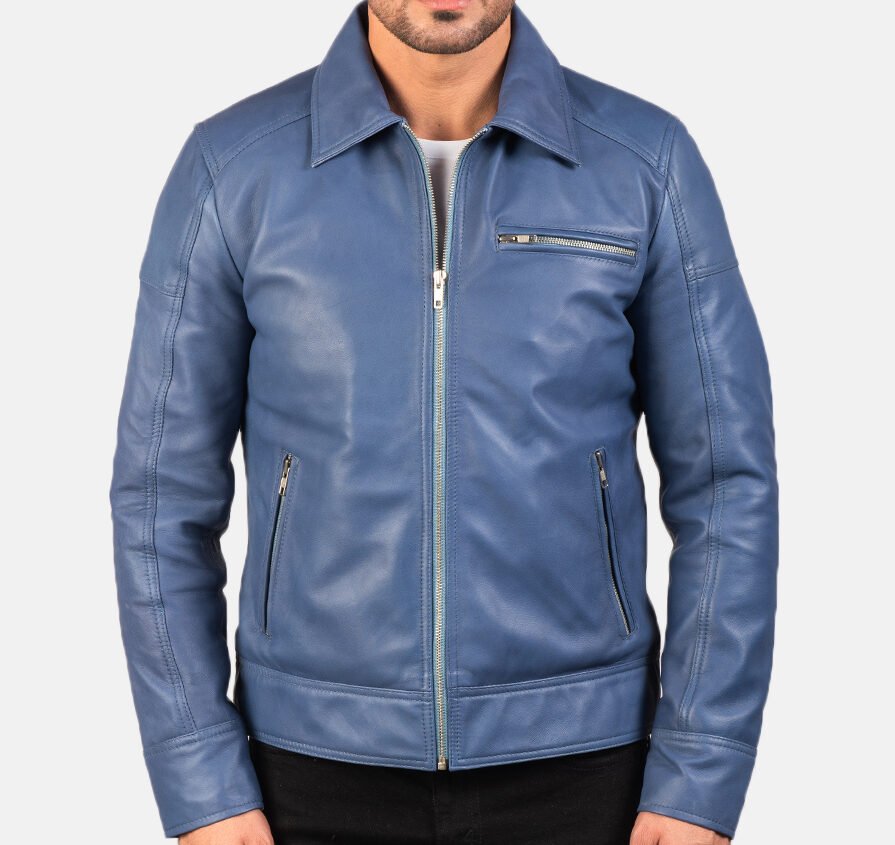 Mens Blue Real Leather Biker Jacket - Film Leather Jacket