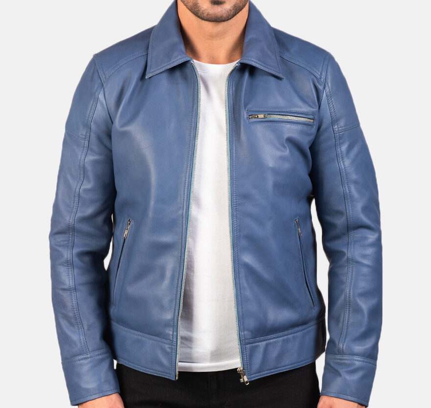 Mens Blue Real Leather Biker Jacket - Film Leather Jacket