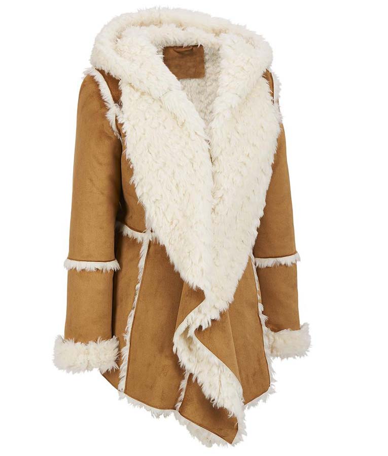 Womens Brown Suede Faux Fur Overcoat, Brown Faux Fur Suede Coat Womens