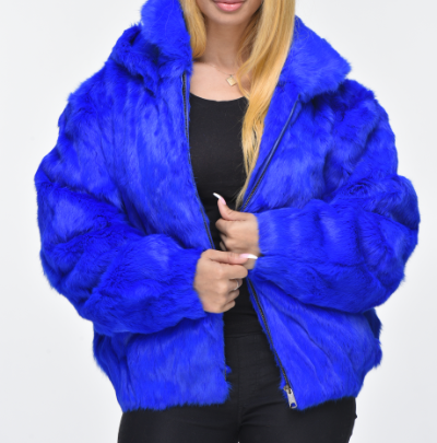 Ladies Hooded Bomber Fur Jacket blue
