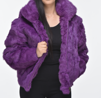 Ladies Hooded Bomber purple Fur Jacket
