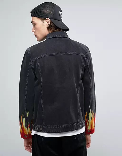 black denim jacket with flame embroidery