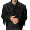 Mens Simple Style Western Suede Black Fringe Jacket Coat