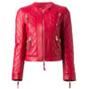 Women's Diamond Quilted Zipper Pockets Red Leather Jacket