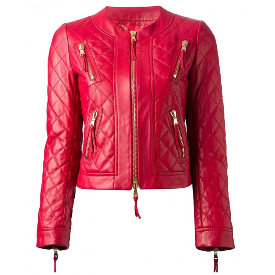 Women's Diamond Quilted Zipper Pockets Red Leather Jacket