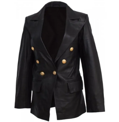 Black Double Breasted Kim Kardashian Leather Coat