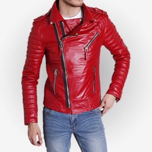 Padded Sleeve Red Motorcycle Leather Jacket For Mens