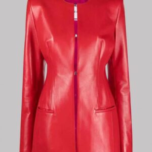 Womens-Red-Collarless-Leather-Jacket