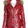 Women’s Red Leather Parka Jacket 1