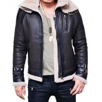 Men Double Collar Sheepskin Shearling Leather Jacket - FLJ