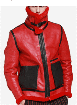 Men Shearling Collar Red Leather Jacket