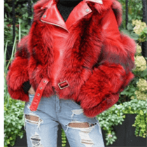 Women Red Peak Lapel Collar Leather and Fur Jacket