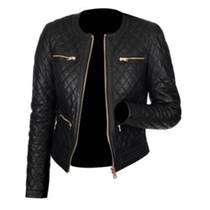 Women’s Collarless Quilted Biker Leather Jacket