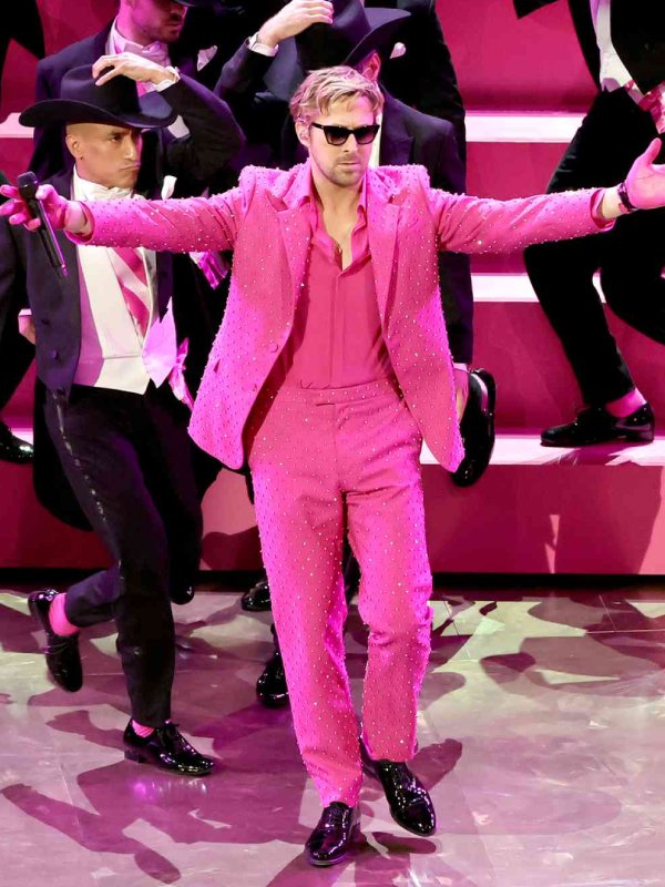 Ryan Gosling Oscar 2024 Pink Suit | Filmleatherjacket.com